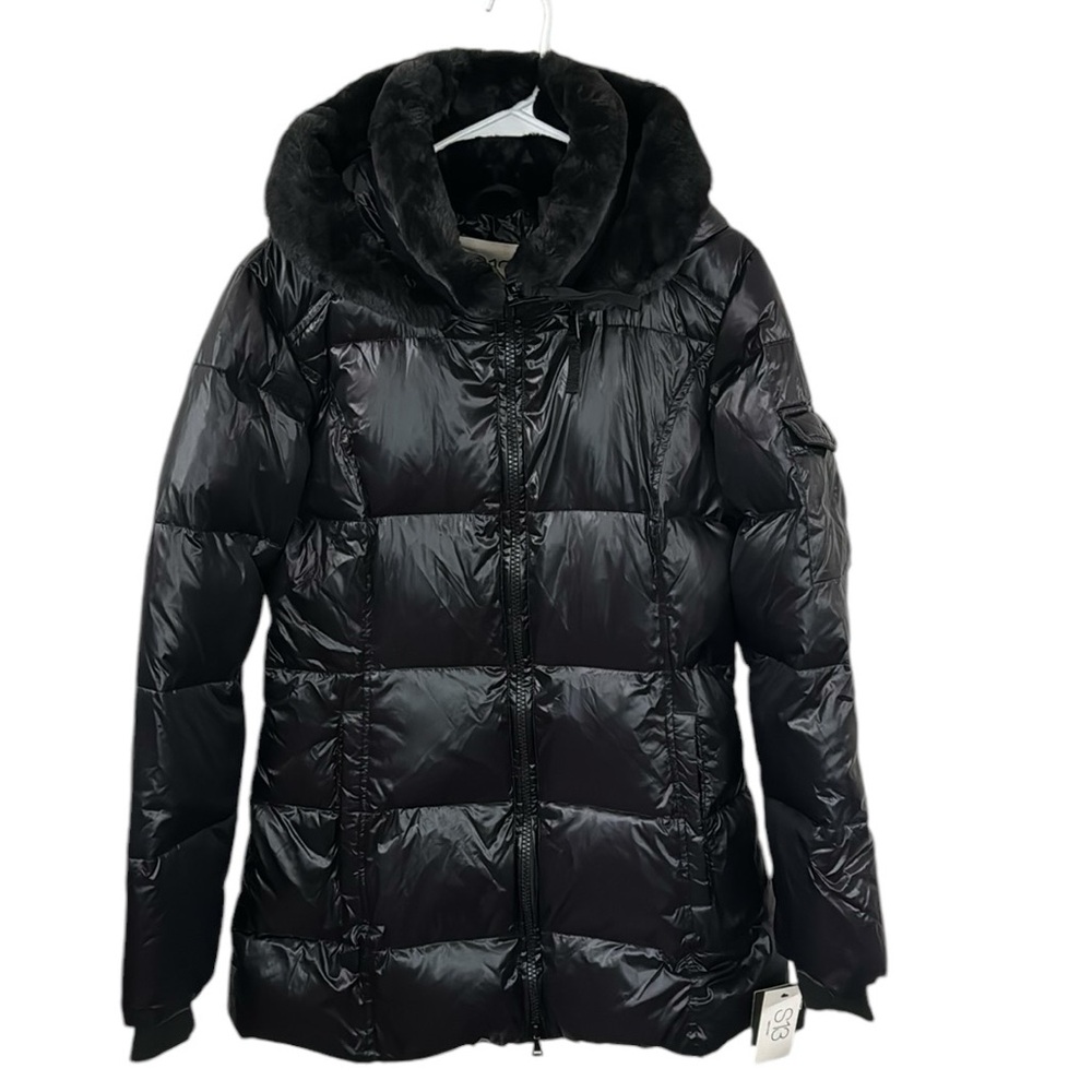 S13 SAM. New York Down Faux Fur-Trim Hooded Elongated Puffer Jacket black size L